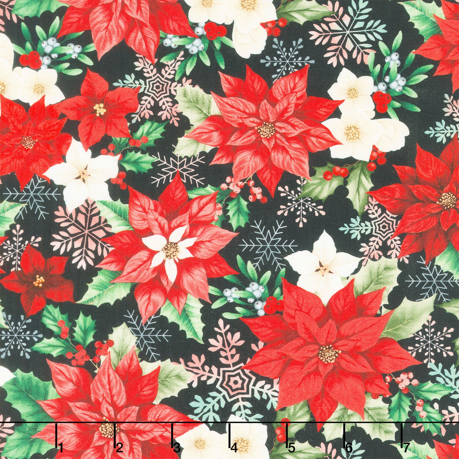 Sweet Christmas Memories - Small Poinsettia and Mistletoe Black Digitally Printed Yardage